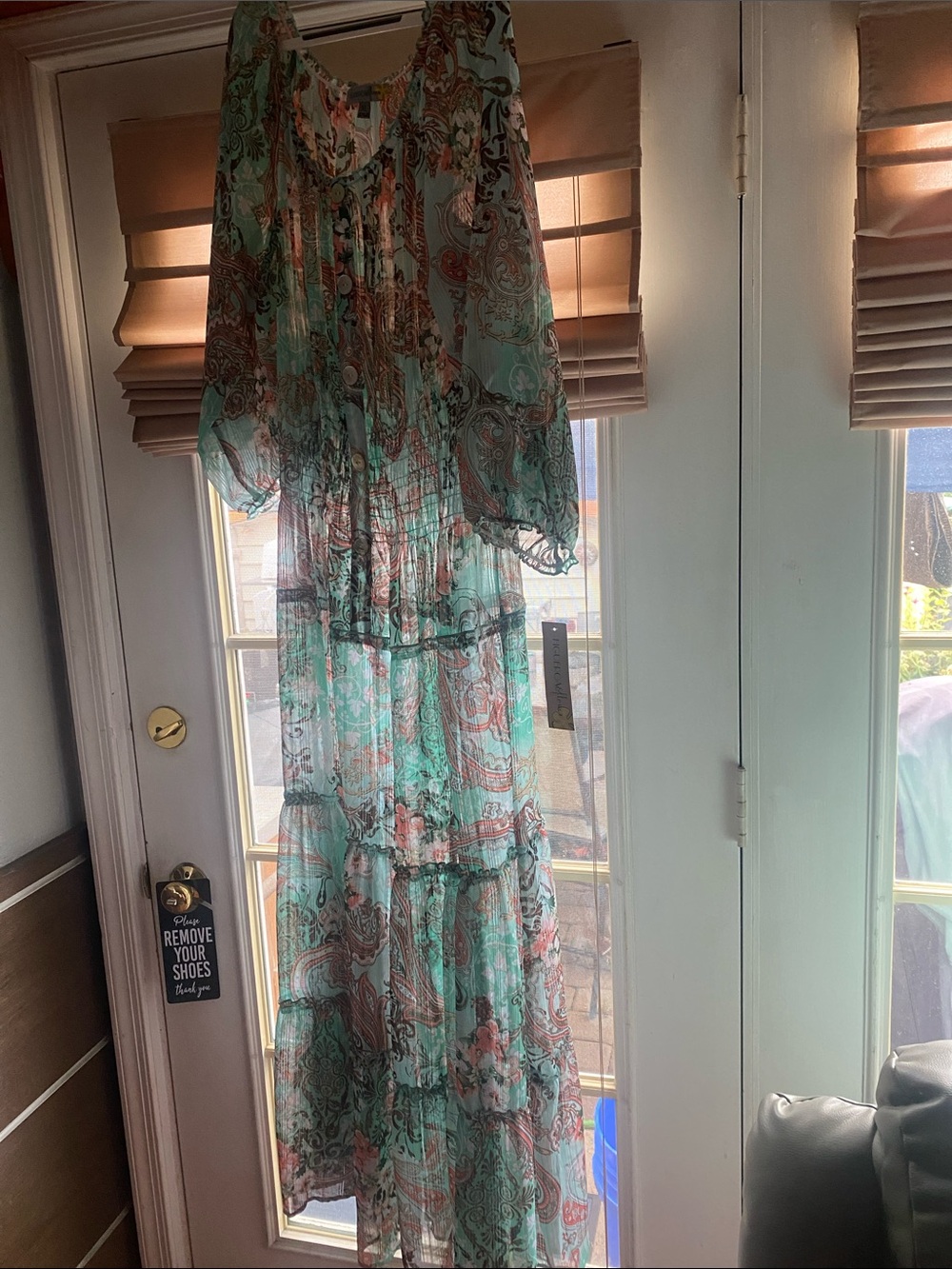 Mint Paisley Tiered Maxi Dress with Sheer Bishop Sleeves